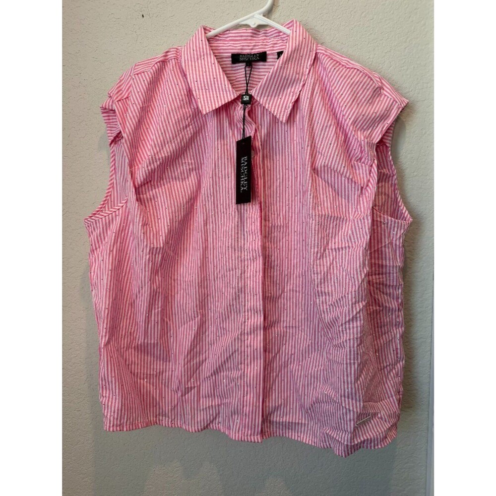 NWT Badgley Mischka Pink White Rhinestone Blouse Size Large